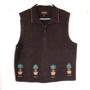 Woolrich Lambswool Brown Full Zip Sweater Vest Floral Beaded Applique Size Large